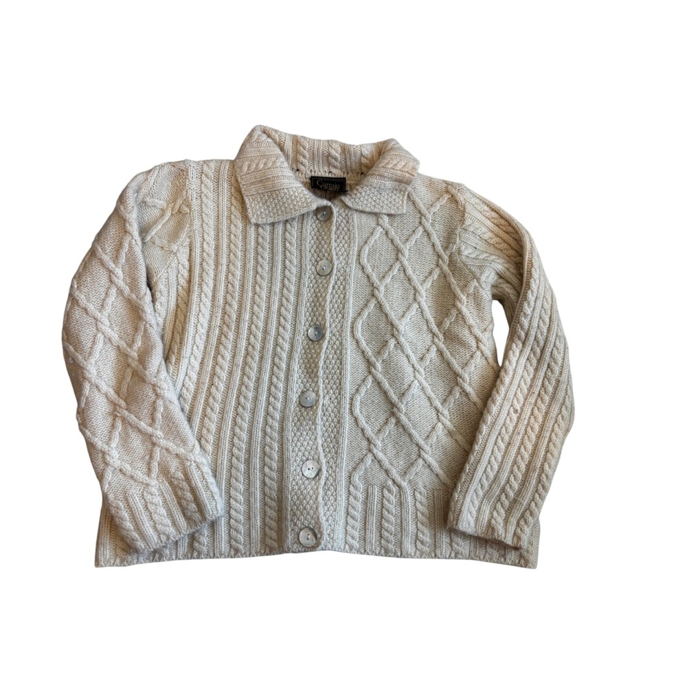 Carraig Donn Cardigan Sweater Cream Merino Wool Aran Knit Irish Fisherman